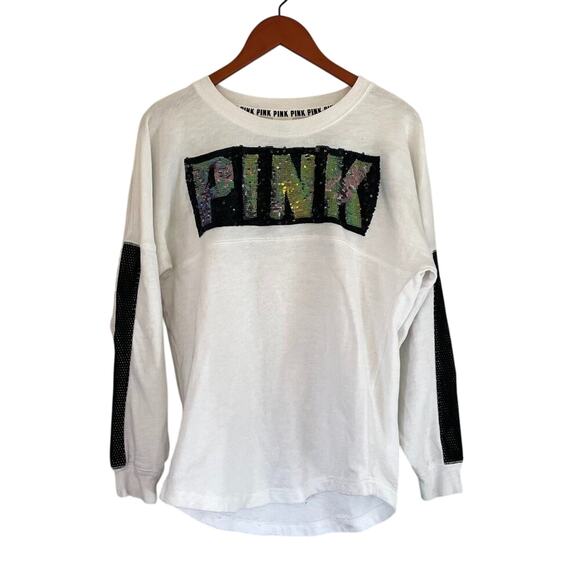 Victoria's Secret Pink Rainbow Sequin/Bling Black Varsity Stripe Long Sleeve, S - Picture 1 of 11